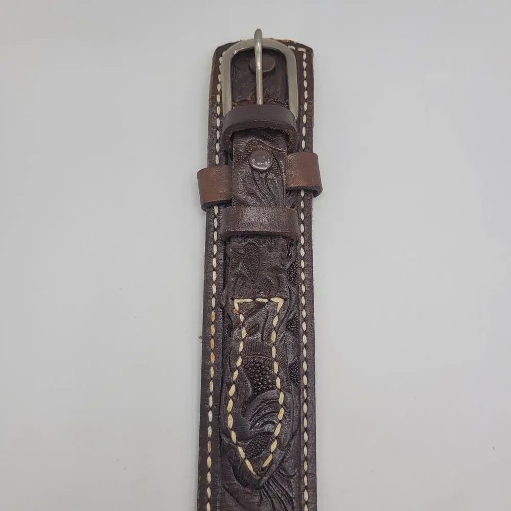 Brown Leather Belt Mens 36 Tooled Western‎ Cowboy Floral Rodeo Ranch Americana
